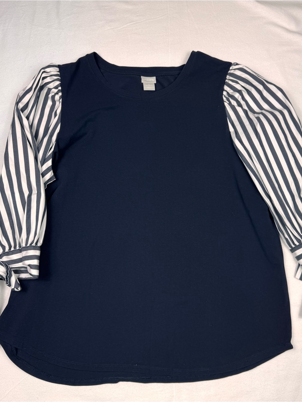 Chico's Navy Top with Navy and White Striped Sleeves